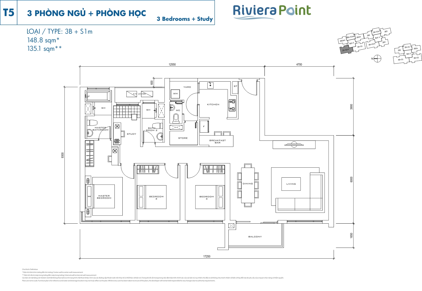 Mặt bằng căn hộ Riviera Point loại 3 phòng ngủ